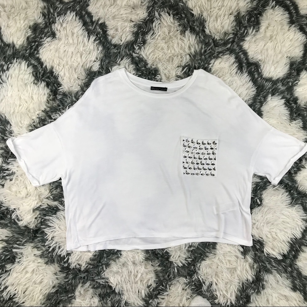 ZARA Women’s Crop Top Large White Studs cuffed
